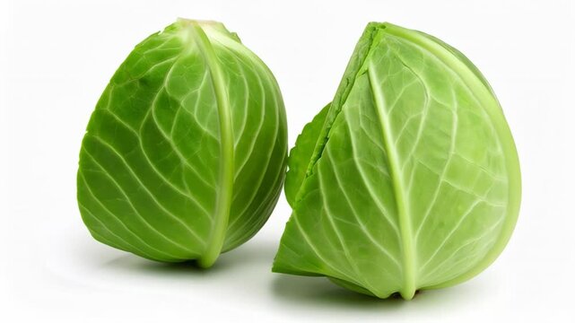 Fresh green cabbage cut in half showing layered interior on white background