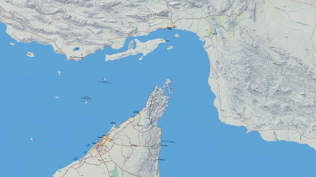 Strait of Hormuz map animation on the world map, maritime routes, and the Arabian Gulf region.