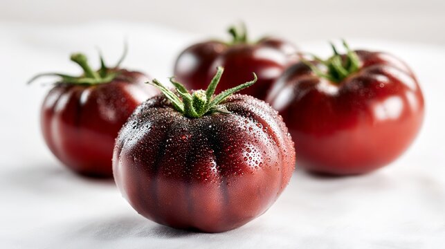 Four dark red tomatoes, their skin bumpy, sat alone on a white surface.