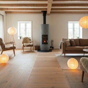 Scandinavian Hygge Living RoomWideplank ash soapstone stove bouc