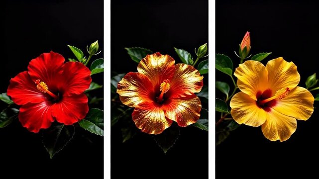 Three Hibiscus Flowers in Red Yellow and Orange