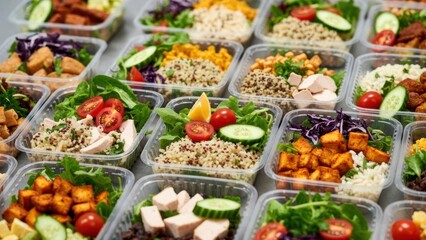 Obraz premium Multiple meal prep containers filled with salads and grains.