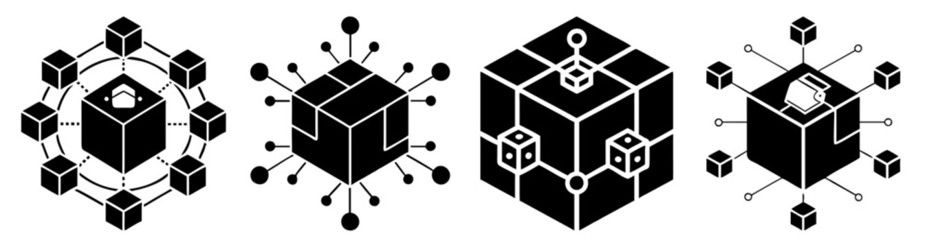 3D geometric cubes and spheres with binary code and network nodes isolated on transparent background