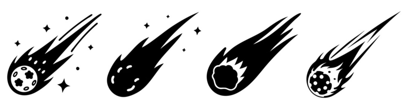 Four black and silver rocket ships launching with smoke trails isolated on transparent background