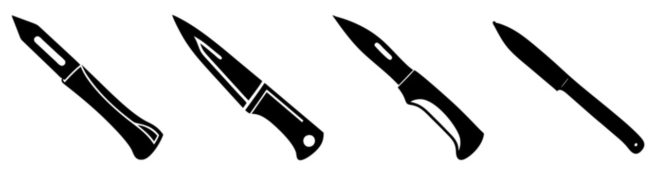 Set of three sharp kitchen knives with black handles and stainless steel blades isolated on transparent background