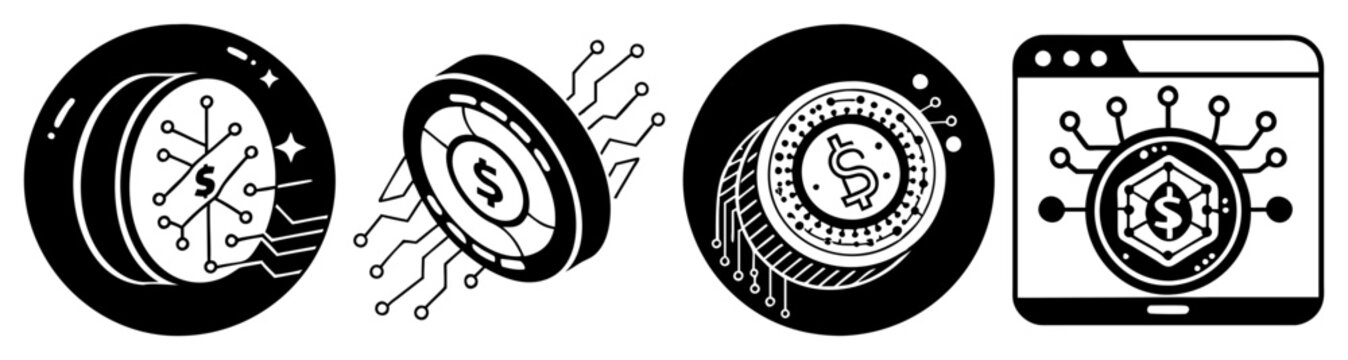 Set of car tire treads and speedometer icons in black and white isolated on transparent background