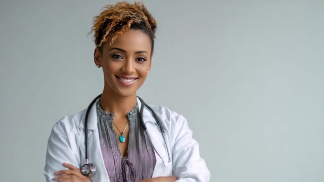 Confident Healer: A portrait of a female doctor exuding confidence, wearing a stethoscope, radiating competence and compassion.