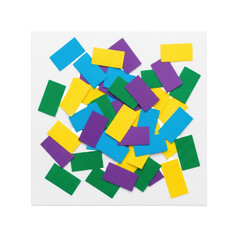 Vibrant geometric rectangular confetti pieces (blue, green, purple, yellow) scattered on a transparent surface with negative space, sharp focus, overhead flat lay. Concept of modern celebration