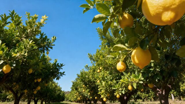 vibrant lemon orchard with golden fruits under a clear blue sky perfect for spring harvest and garden backgrounds