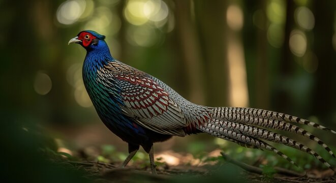 Vivid Male Himalayan Monal Bird Standing on Forest Floor in Natural Habitat