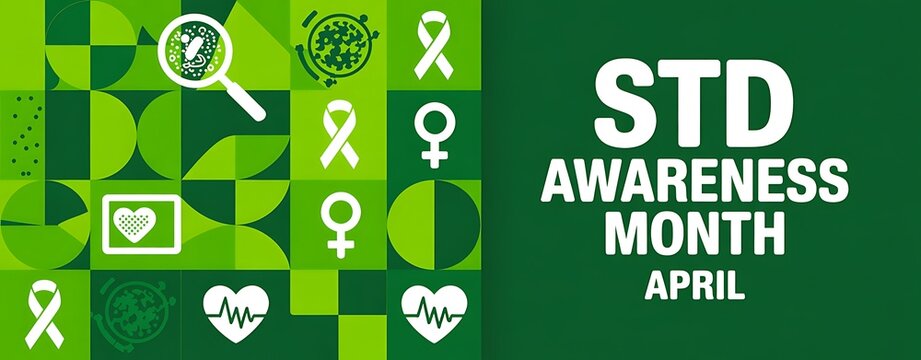 Std awareness month April design with medical icons and abstract geometric background promoting safe sex practices and health knowledge for community outreach campaigns
