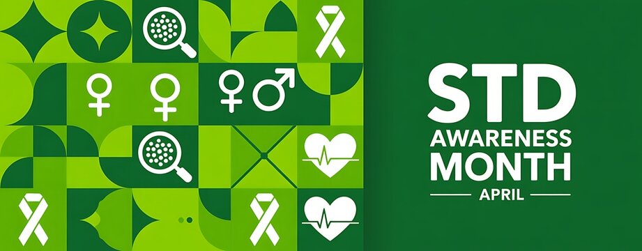 Std awareness month April poster featuring medical icons abstract geometric pattern and green color scheme promoting health safety and disease prevention for individuals
