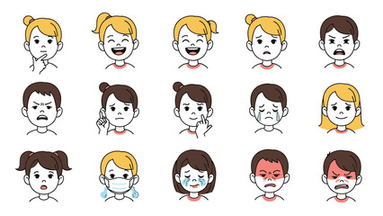 Naklejka premium Grid of cartoon character faces showing a wide range of human emotions from joy and laughter to anger, sadness, and deep thought.