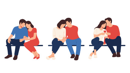 Fototapeta premium Three romantic couples sit together on benches in different affectionate poses expressing love and companionship against a plain background.