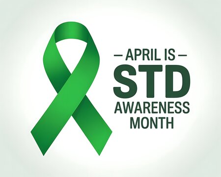 Green ribbon graphic for April is STD awareness month with bold text promoting education and prevention.