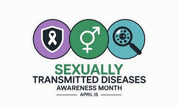 Sexually transmitted diseases awareness month April graphic with symbols for protection, gender, and testing.