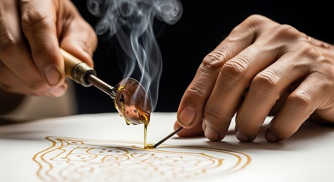 Master Craftsman Carving Intricate Design with Hot Tool and Burning Technique on Wood Surface for Artistic Decoration and Cultural Heritage