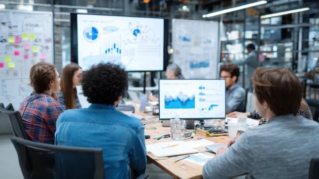 Business Strategy Session: A focused team engages in a collaborative strategy session, using data and technology to analyze and solve complex business problems.