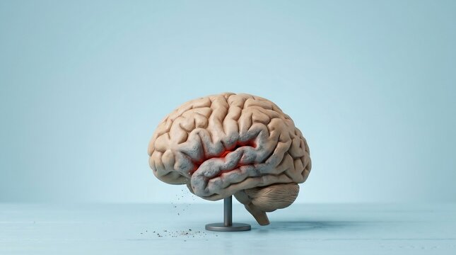 Side view of a human brain model resting on a small stand highlighting a specific inflamed area with a subtle red glow.