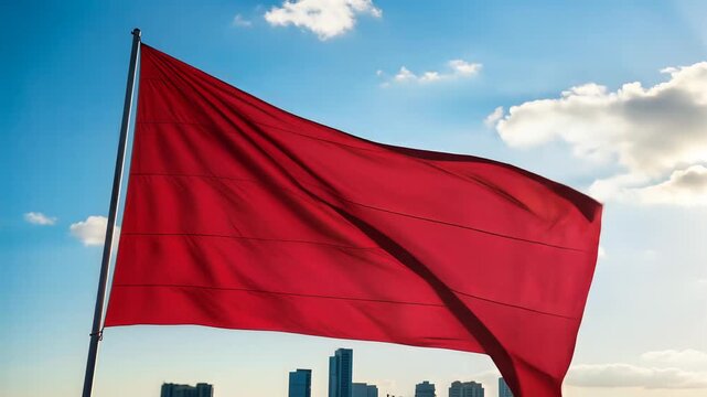 Vibrant red flag dramatically billowing against a clear blue sky with soft clouds and distant city skyline