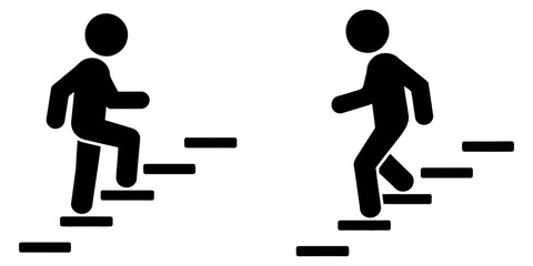 Man Walking Up and Down Stairs Icon Set with Directional Steps and Progress Symbols Vector Illustration. © akram