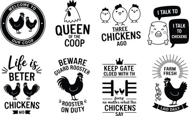 Funny chicken farm quotes and rooster illustrations collection with hens coop and poultry typography designs, rustic farmhouse style vector set for t shirt stickers and signs © Nur