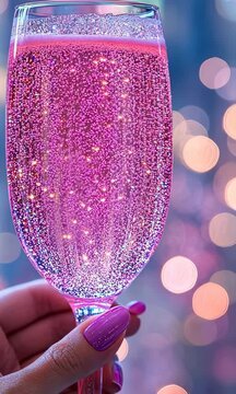 Hand holds a clear glass flute filled with sparkling pink beverage and bubbles, set against a backdrop of soft, colorful lights creating a festive mood