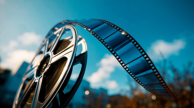 A film reel with a blue sky in the background