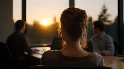 Fototapeta premium Coworkers in an office gaze out a window at a golden sunset bathed in warm light