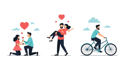 Fototapeta premium Romantic series of illustrations showing a marriage proposal, a man carrying his partner, and cycling together.