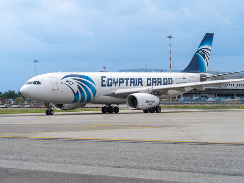Egypt Air Cargo Airbus A300 aircraft is taxiing at MXP Milano Malpensa international airport