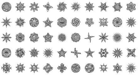 Diverse Collection of Grey Scale Geometric Star and Abstract Shape Icons on an Isolated White Background
