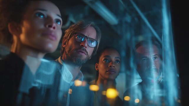 Innovation Collaboration in a Futuristic Setting: A team of inquisitive individuals gathers, eyes fixated on advanced technology, deep in thought as they collaborate.