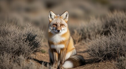Fototapeta premium Wild Fox Sitting Calmly in Natural Habitat with Bushes and Dry Grass