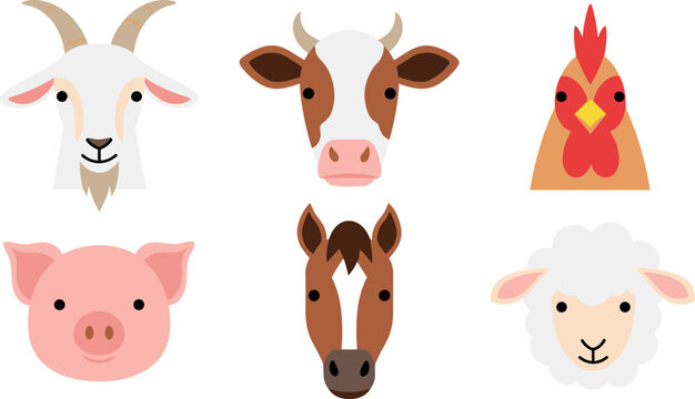 Cute farm animal faces set including goat cow chicken pig horse and sheep flat vector illustration for agriculture and kids design