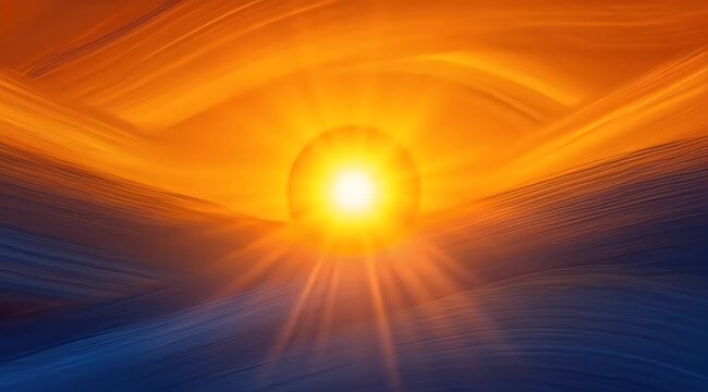A bright, fiery orb radiates light amidst flowing, abstract curves of orange and blue