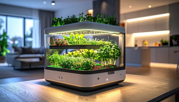 Compact Hydroponic Unit Growing Fresh Herbs and Microgreens Indoors