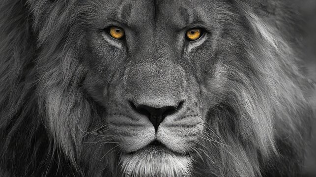 Lion, black and white photo, fierce yellow eyes, shows power to viewer.