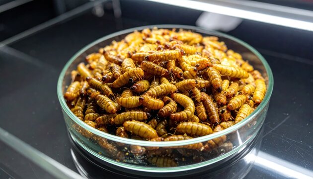 Close up on a petri dish filled with numerous live insect larvae and grubs, a potential food source.