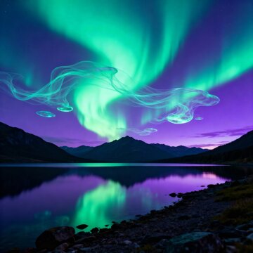 The auroras create illusions of floating shapes blending reality