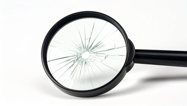Broken magnifying glass on white analysis examination research focus