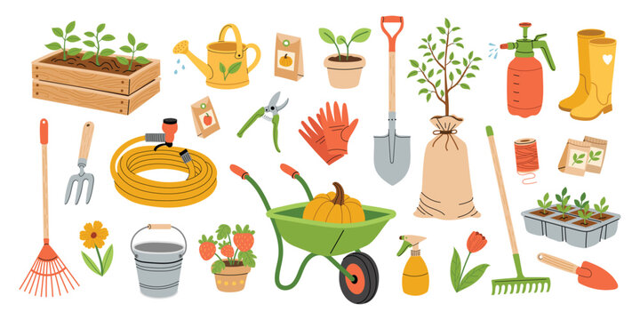 Gardening tools and plants collection. Garden equipment, watering can, wheelbarrow, seedlings, shovel, rake, boots. Spring garden elements set. Flat vector illustration isolated on white background.