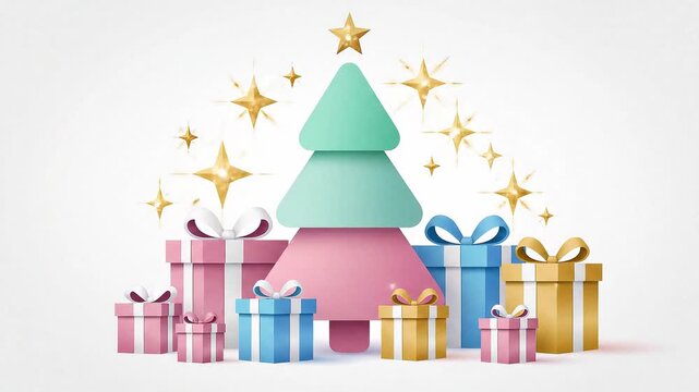 A festive Christmas tree surrounded by colorful gift boxes and shining stars in a celebratory scene viewed from the front.