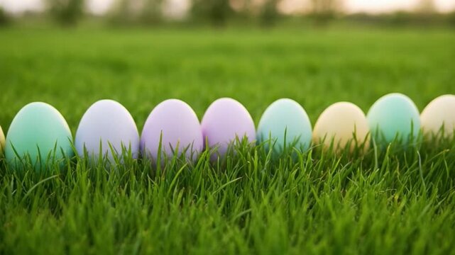 Colorful eggs arranged in a row on vibrant green grass background