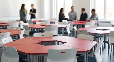 Fototapeta premium Modern classroom with students discussing at red hexagonal tables and white chairs in bright room