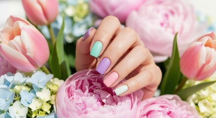 Fototapeta premium Pastel Nails with Floral Elegance: A hand with perfectly manicured nails in soft pastel shades delicately rests amidst a stunning bouquet of spring blooms.