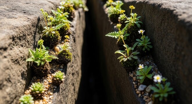 Close-up of Tiny Wildflowers Growing in a Narrow Crack Between Rocks