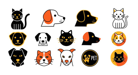 Fototapeta premium Cartoon pet animal icons dog and cat portraits set on white background