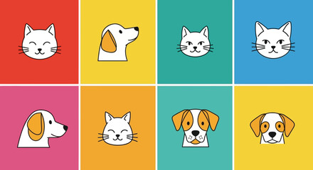 Cartoon animal faces cat and dog heads in colorful square backgrounds