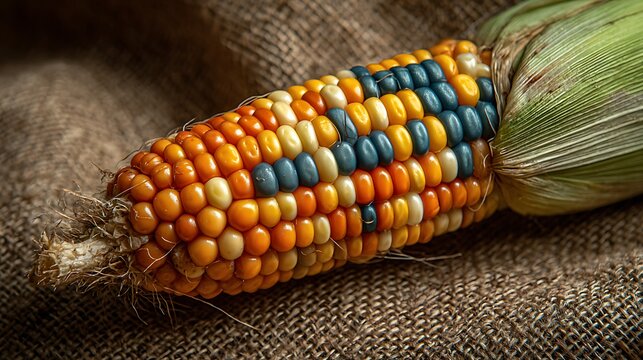 Colorful Flint Corn Ear with Orange Yellow Blue Kernels on Burlap Background Natural Lighting Close Up